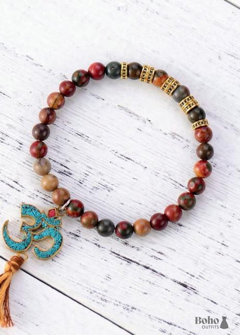 Boho Bracelet, Stretch Yoga Mala Bracelet, Natural Stone Tibetan OM 6 Colors